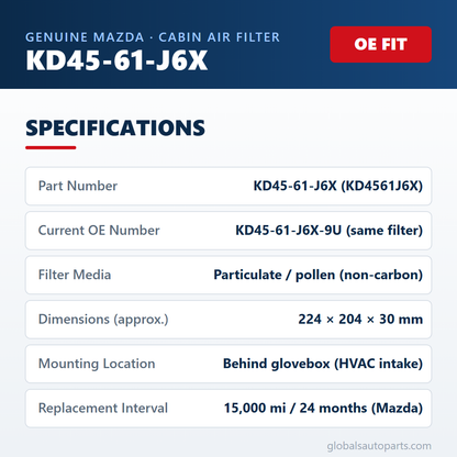 Mazda KD45-61-J6X cabin air filter - technical specifications infographic