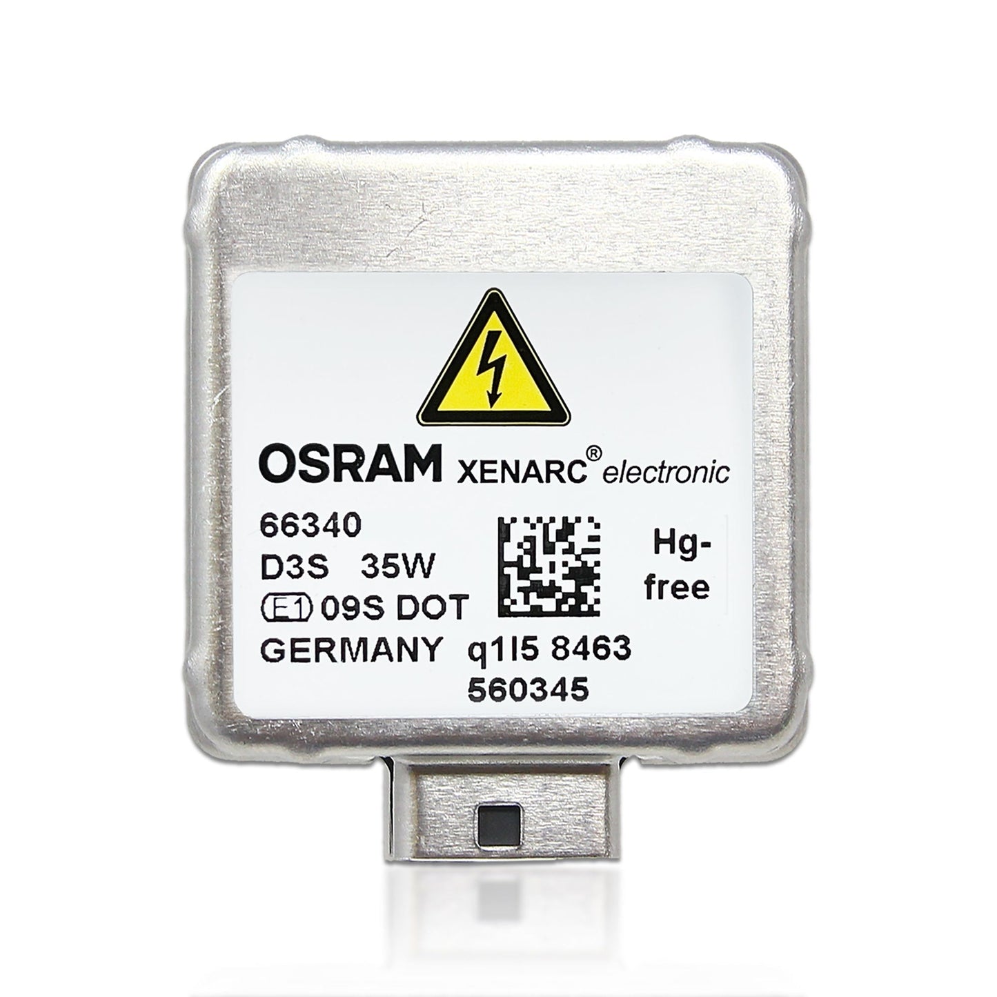 OSRAM 66340 D3S 35W bulb label close-up - Made in Germany, Hg-free