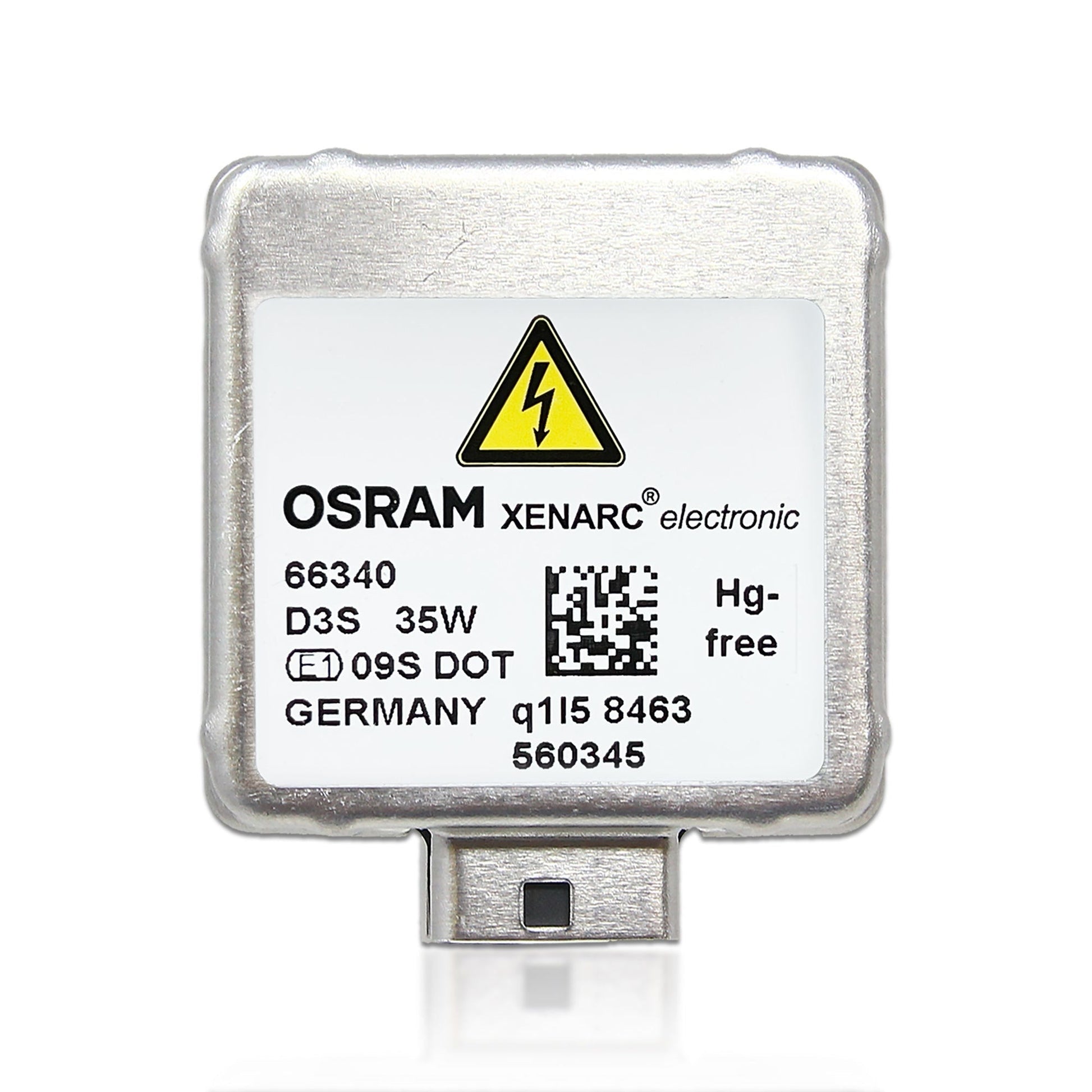 OSRAM 66340 D3S 35W bulb label close-up - Made in Germany, Hg-free