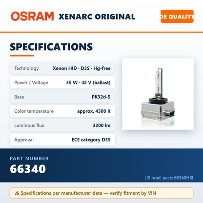 OSRAM 66340 D3S — specifications infographic