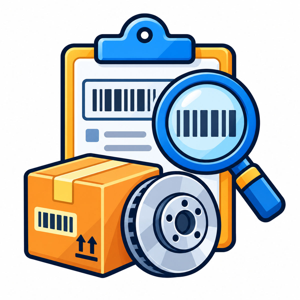 Auto parts lookup icon with barcode search, shipping box and brake disc