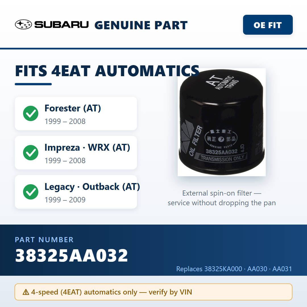 Subaru 38325AA032 ATF filter — fitment infographic