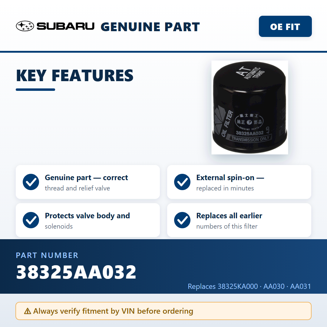 Subaru 38325AA032 ATF filter — key features infographic