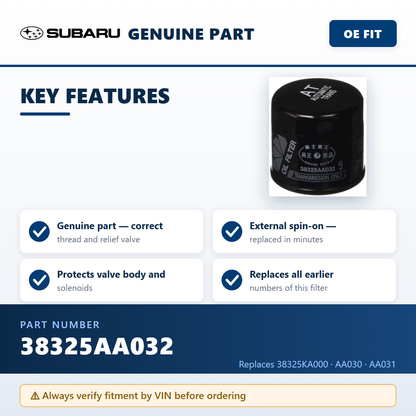 Subaru 38325AA032 ATF filter — key features infographic