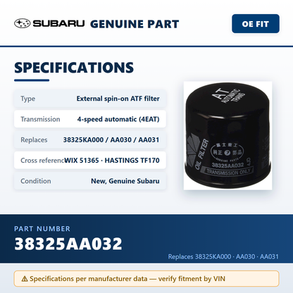 Subaru 38325AA032 ATF filter — specifications infographic