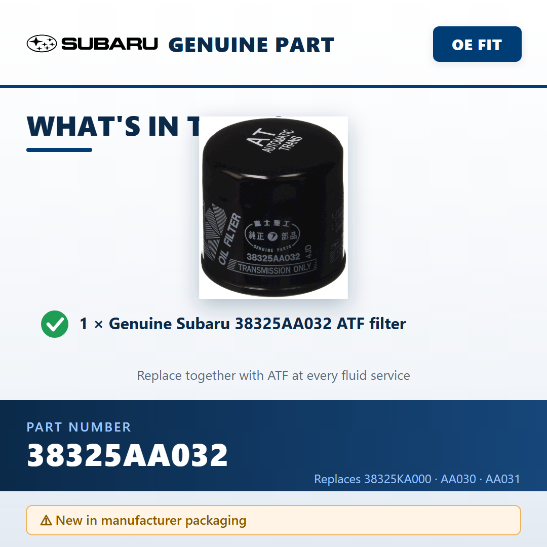 Subaru 38325AA032 ATF filter — package contents infographic