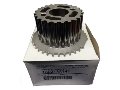Genuine Subaru 13021AA141 crankshaft timing sprocket with trigger ring on Subaru Genuine Parts box