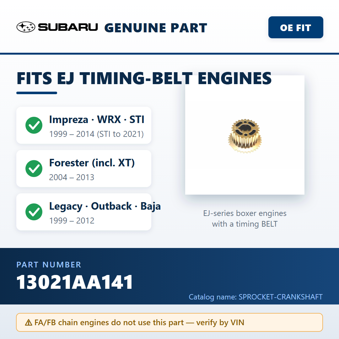 Subaru 13021AA141 crankshaft sprocket — fitment infographic