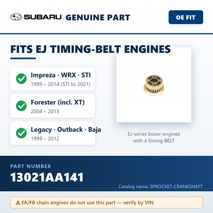 Subaru 13021AA141 crankshaft sprocket — fitment infographic