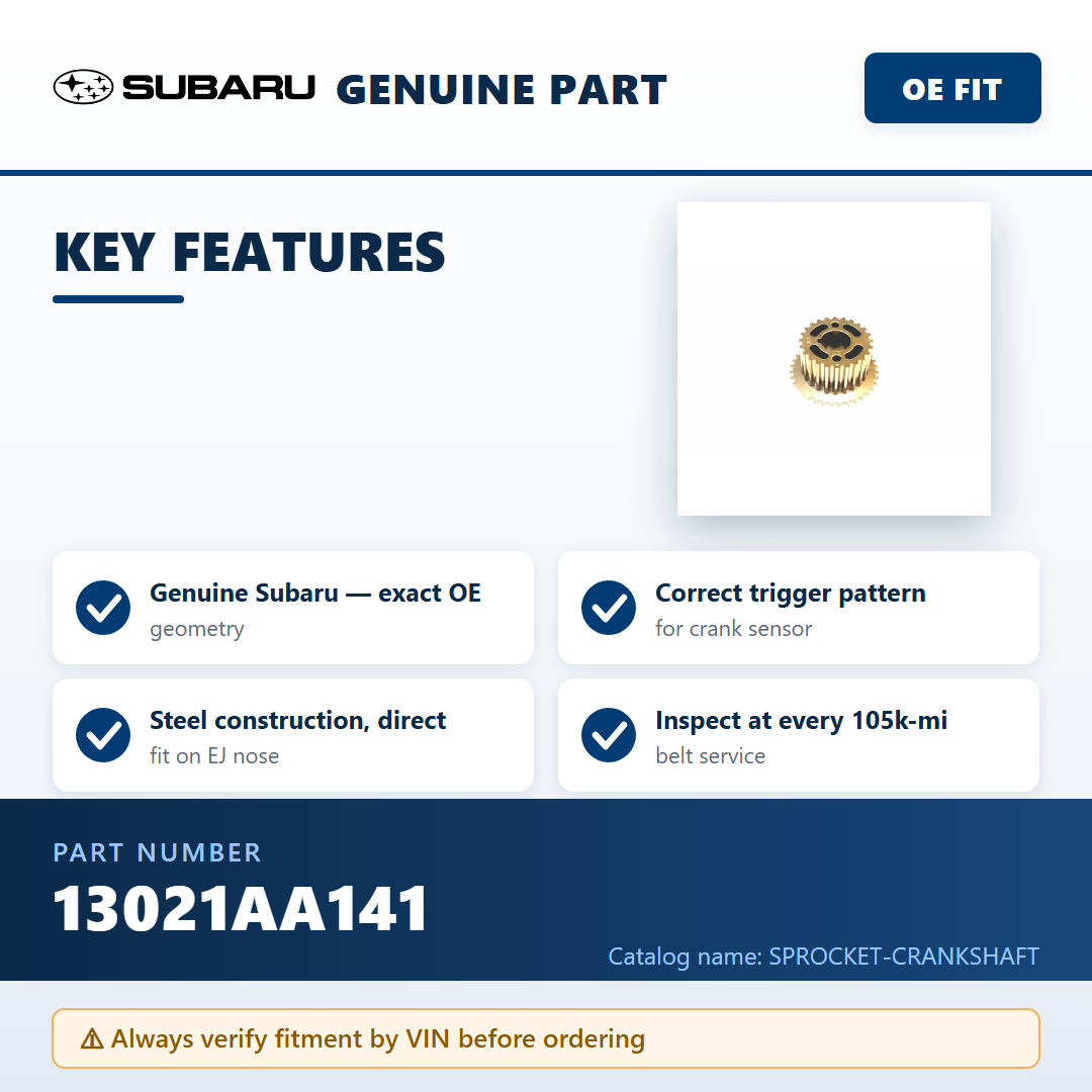 Subaru 13021AA141 crankshaft sprocket — key features infographic