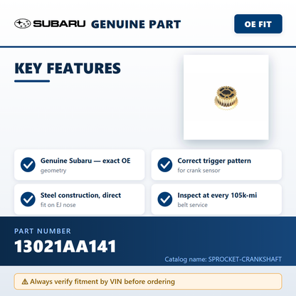 Subaru 13021AA141 crankshaft sprocket — key features infographic