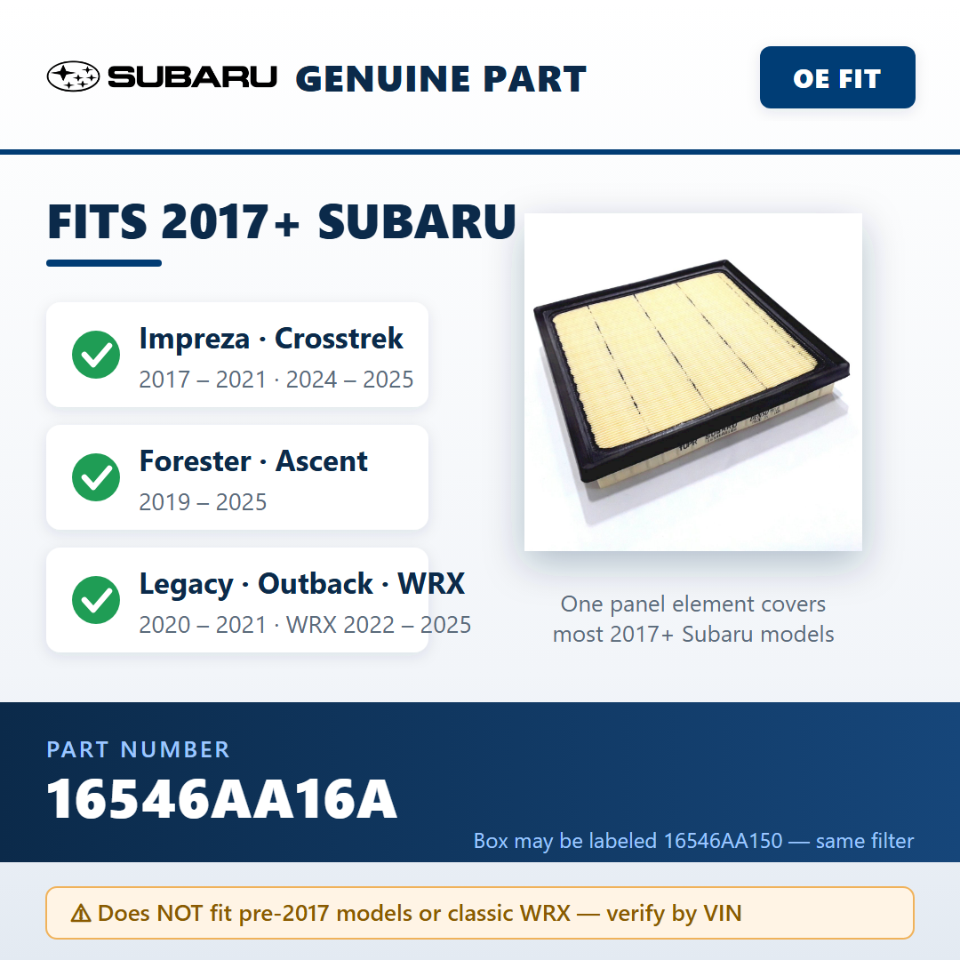 Subaru 16546AA16A air filter — fitment infographic