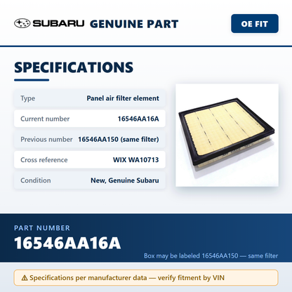 Subaru 16546AA16A air filter — specifications infographic