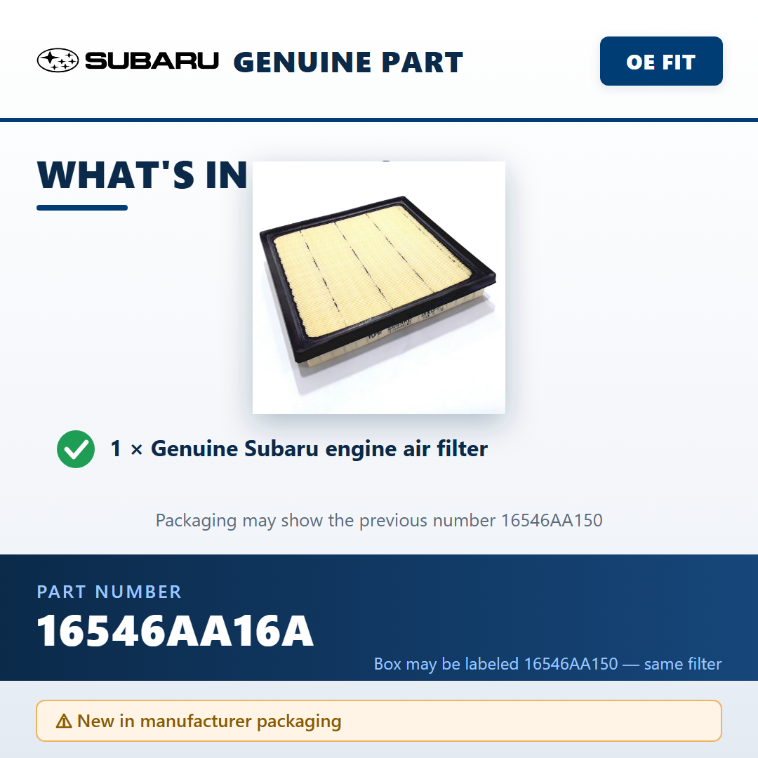 Subaru 16546AA16A air filter — package contents infographic