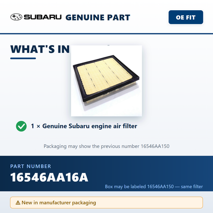 Subaru 16546AA16A air filter — package contents infographic